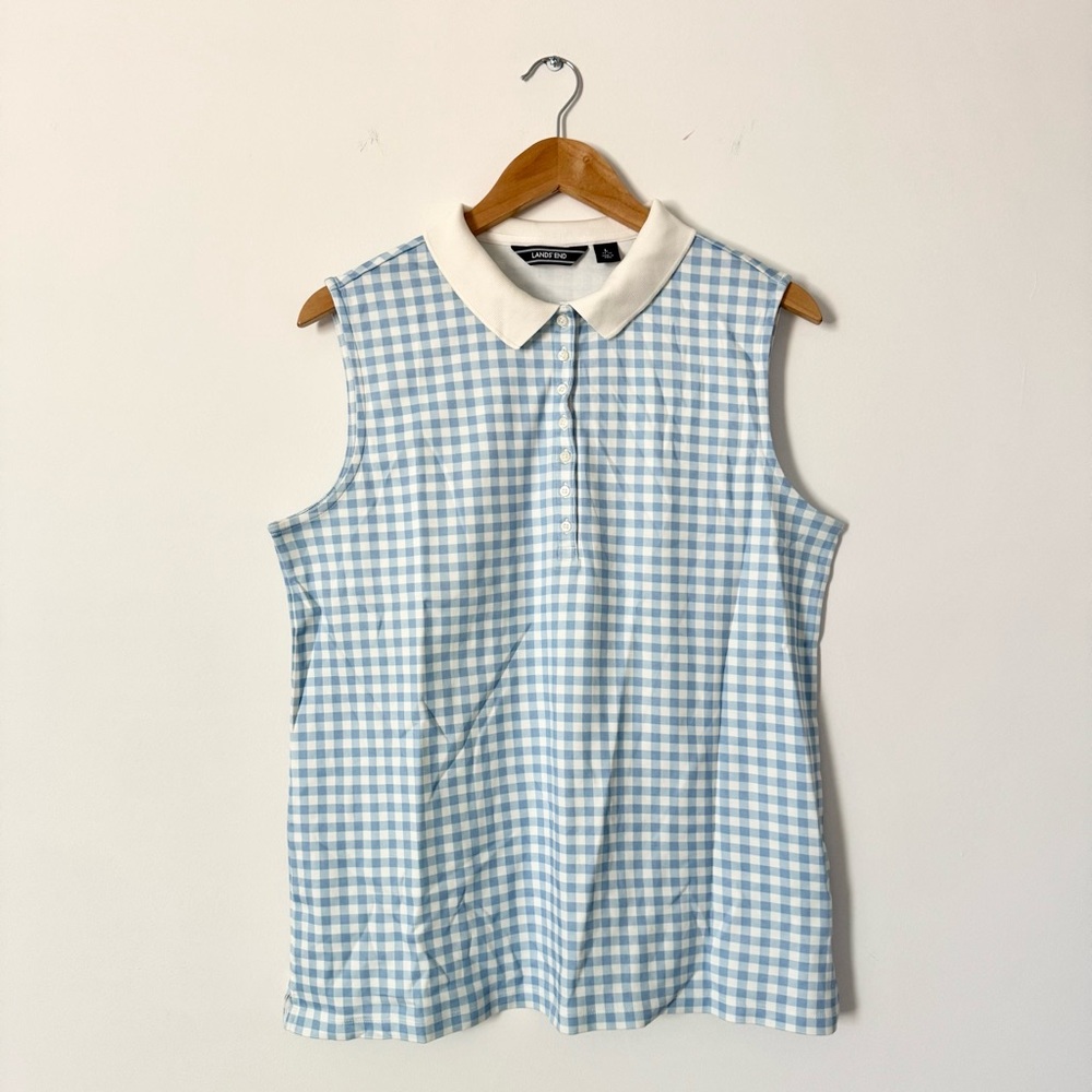 Lands’ End Gingham Sleeveless Collared Top Blue & White Size L